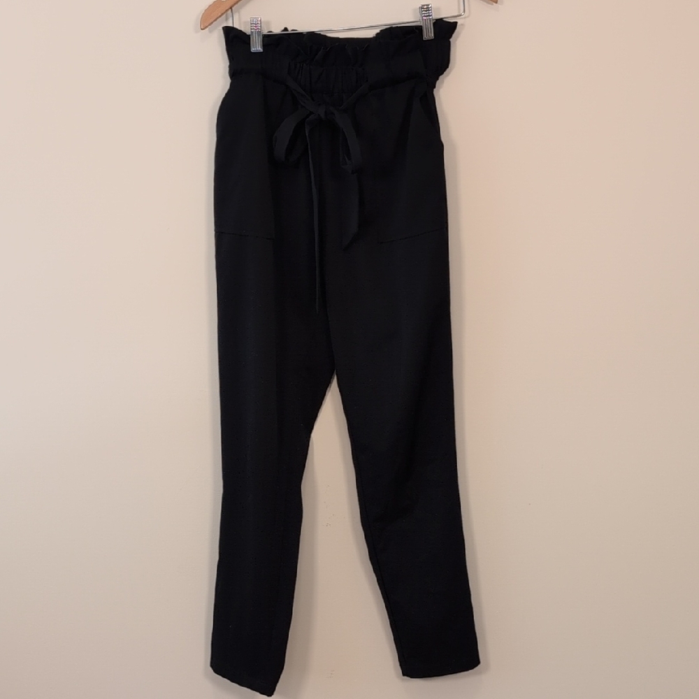 Elegant Navy Paper-Bag Waisted Pants